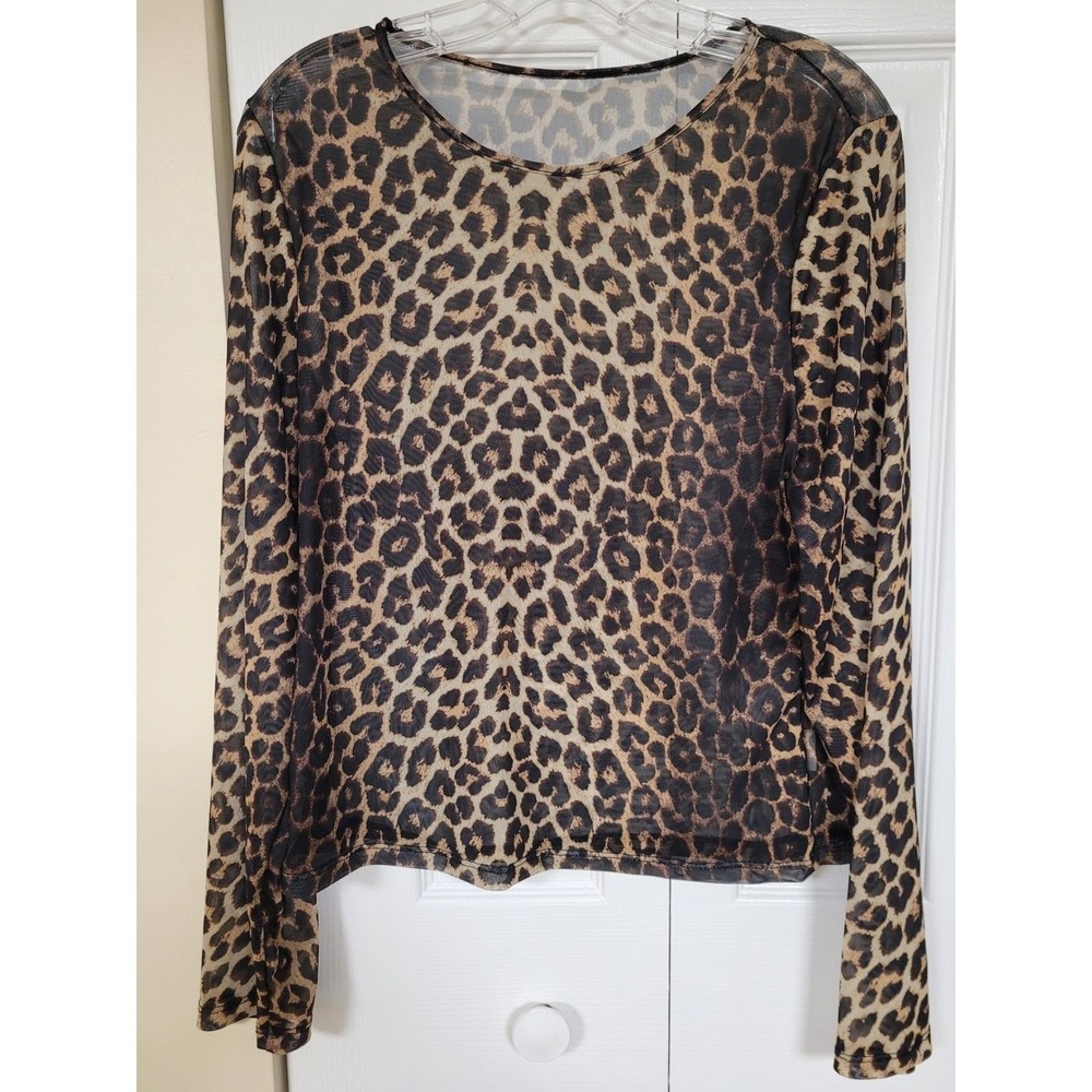 Leopard Print Boho Wild Long Sleeve Sheer Mesh Top Womens Size M